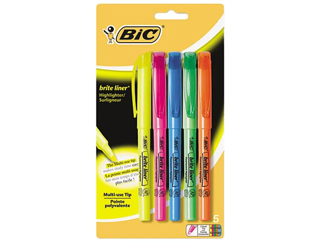 Five fluorescent BIC Brite Liner highlighters with chisel tips in assorted colours