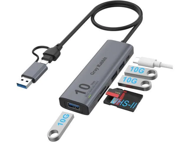 Manw Manw USB 3.2 Gen 2 Hub with UHS-II SD/TF Card Reader, 3×10G USB-A Ports, Dual Connector — product photo