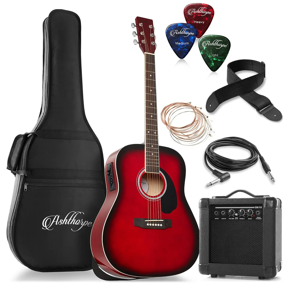Ashthorpe Ashthorpe 41" Dreadnought Acoustic-Electric Guitar Package 10W Amp Red — product photo