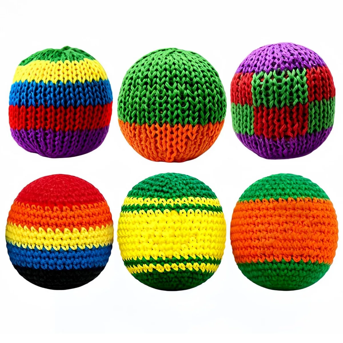 Six red hand-knitted footbags with colourful geometric patterns