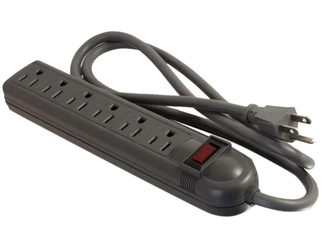 Black rectangular six-outlet surge suppressor unit