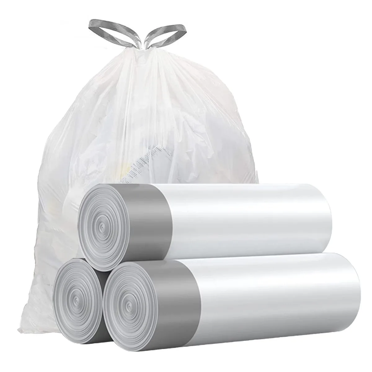 White drawstring trash bags on a roll, 57 count, 4 gallon size