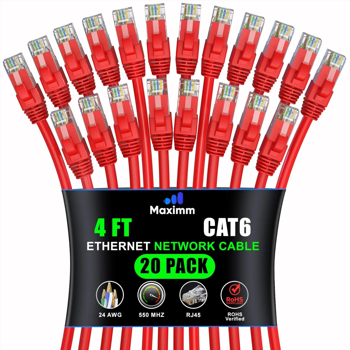 Twenty red Ethernet cables with gold connectors coiled together