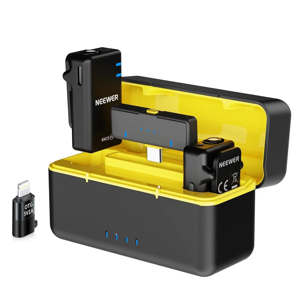 Two tiny clip-on transmitters, USB-C receiver, charging case, furry windshields, magnets, cable and pouch