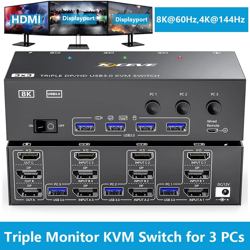 IHDAPP IHDAPP 3-Computer 3-Monitor KVM Switch 8K@60Hz HDMI 2.1 2×DP 1.4 4 USB 3.0 — product photo
