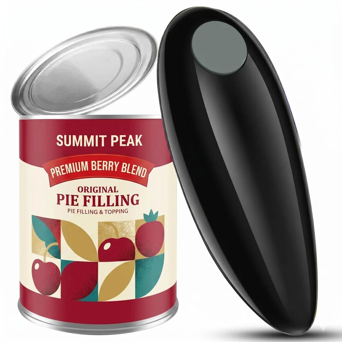 Black handheld electric can opener, smooth plastic finish, compact automatic design