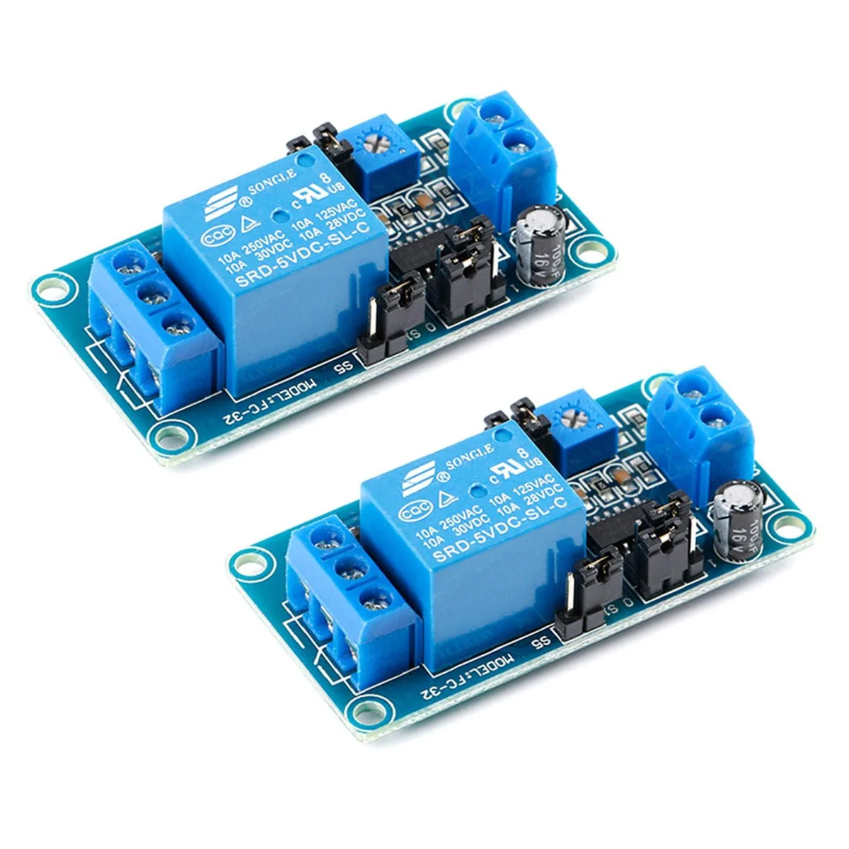 Two small green circuit boards with relay cubes, potentiometers, and pin headers