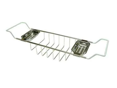Polished chrome clawfoot bath shelf with three adjustable trays spanning 26 to 33 inches