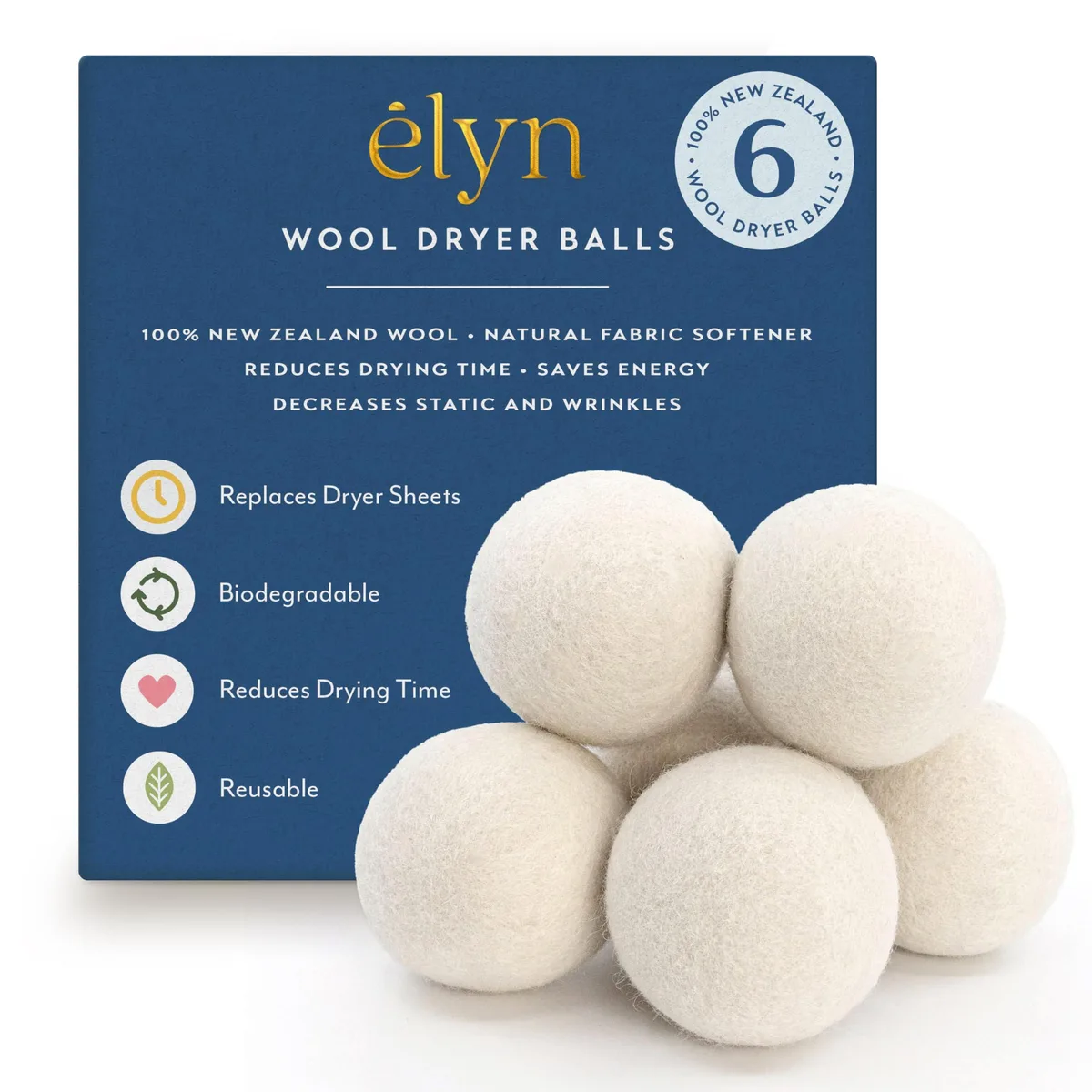 Six white wool dryer balls in a pack