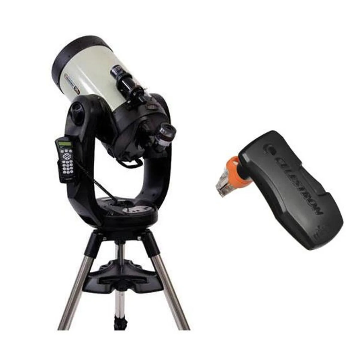 Large silver fork-mounted telescope tube on tripod with WiFi module attached