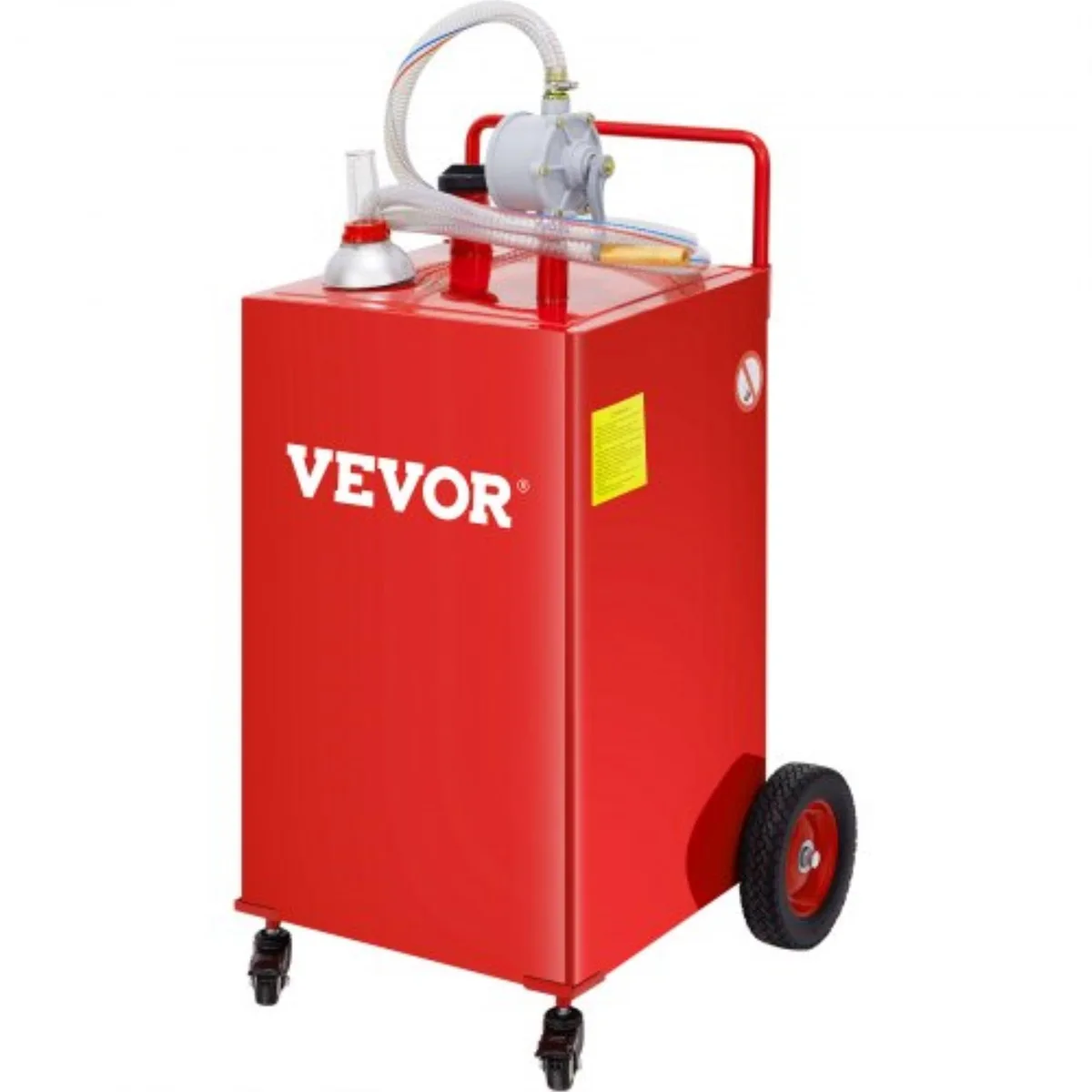 Red 35-gallon steel fuel caddy on four wheels with hand rotary pump and hose