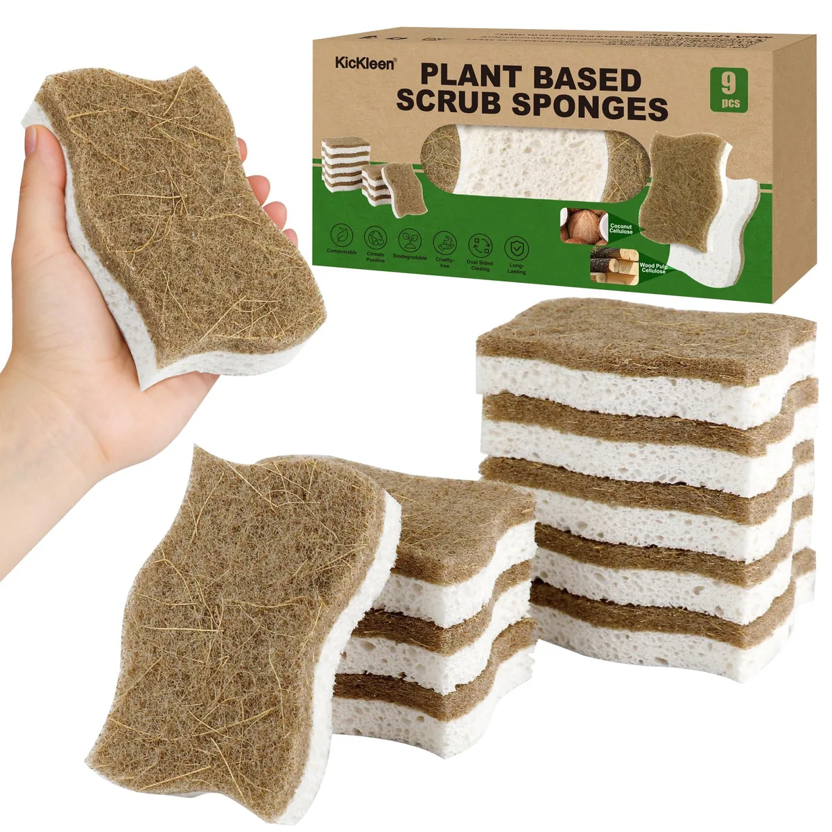 Nine rectangular S-shaped sponges, white cellulose with brown coconut-husk scrubber side