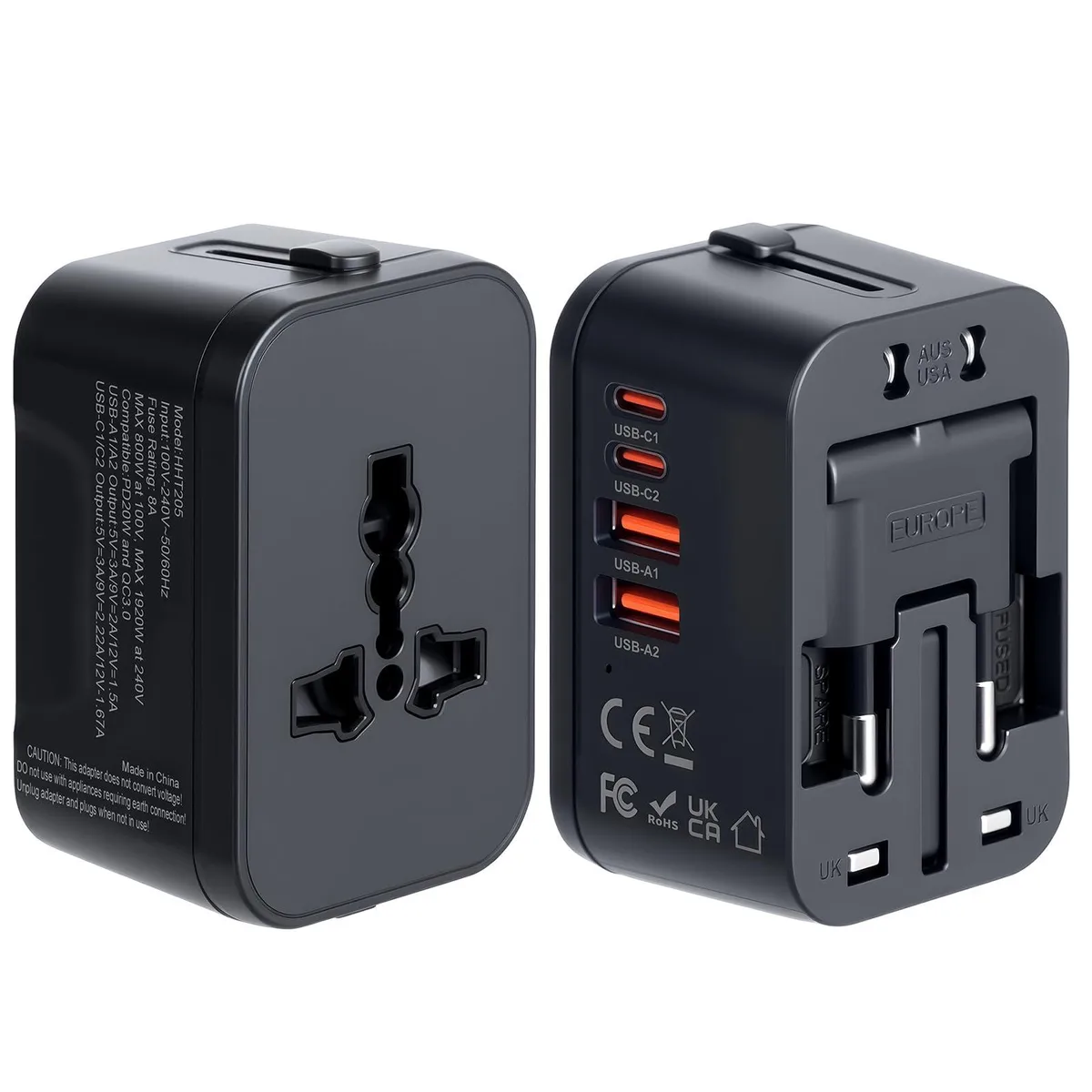 Black rectangular travel adapter with sliding plug mechanism and four USB ports