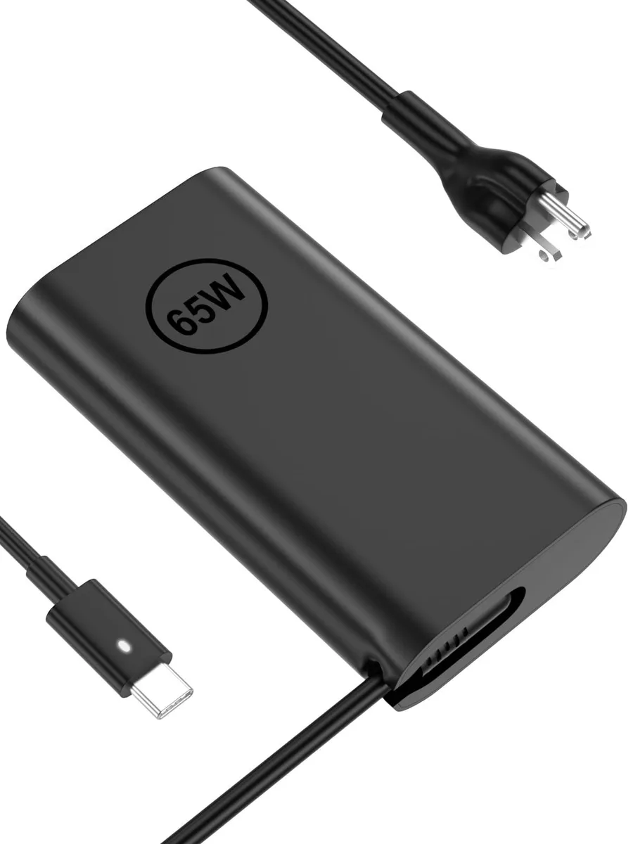 Compact black rectangular USB-C laptop charger with detachable cable