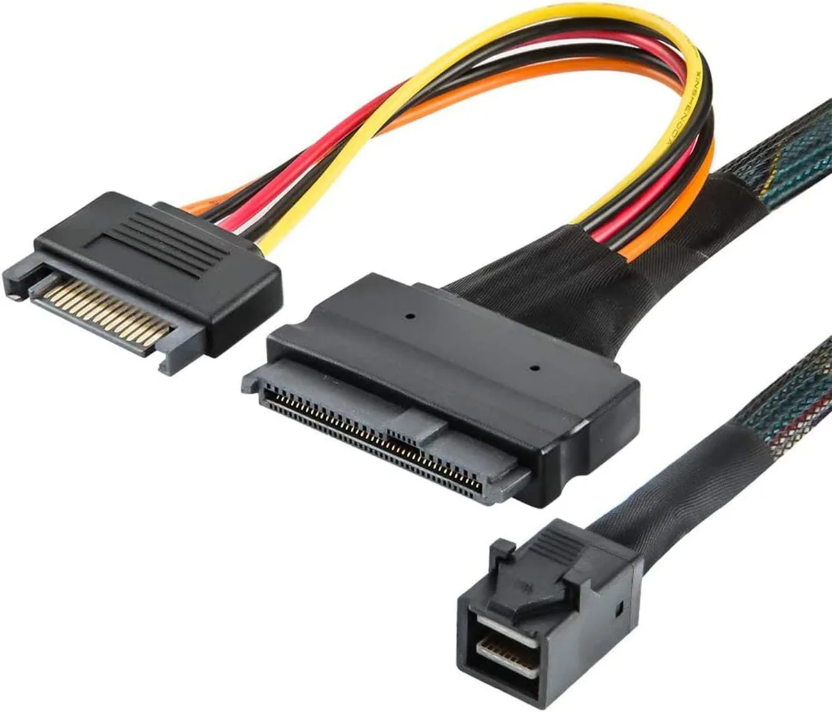 Black cable with SFF-8643 connector on one end and SFF-8639 U.2 connector plus 15-pin SATA power on the other, 1M length