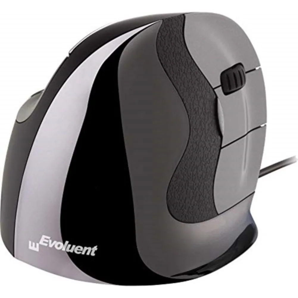 Large dark-silver vertical ergonomic mouse with grooved buttons and thumb rest