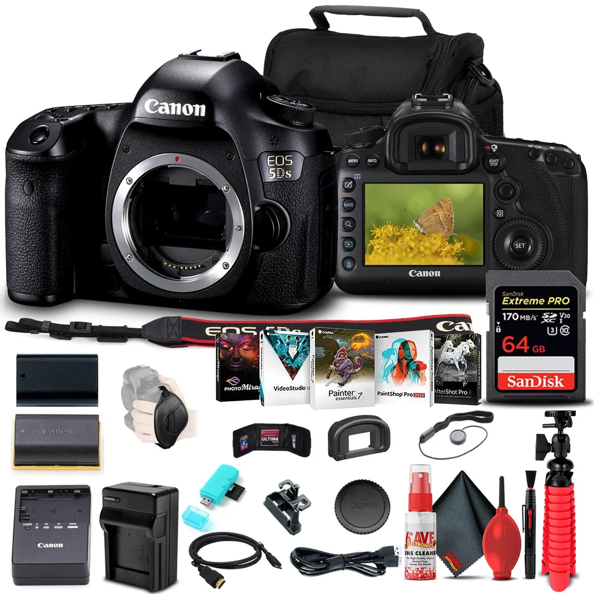 Black DSLR body with textured grip, bundled with 64GB memory card and accessories