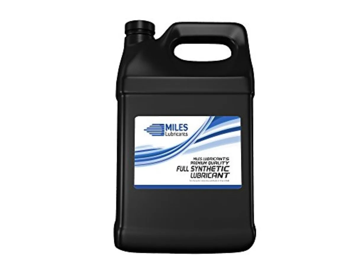 Yellow plastic jug containing 25 lb of ISO 46 synthetic hydraulic oil