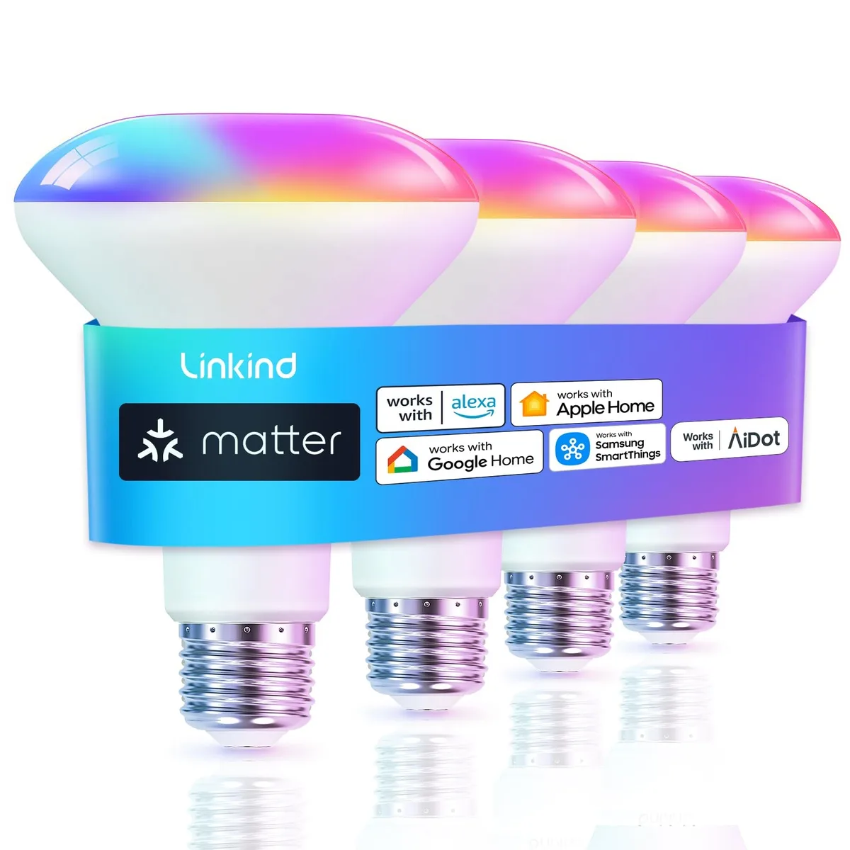 Four BR30 smart LED bulbs, 3.74 in diameter, 5.04 in height, E26 base