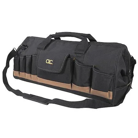 Black polyester tote bag with zipper closure and 32 pockets, 20 outside
