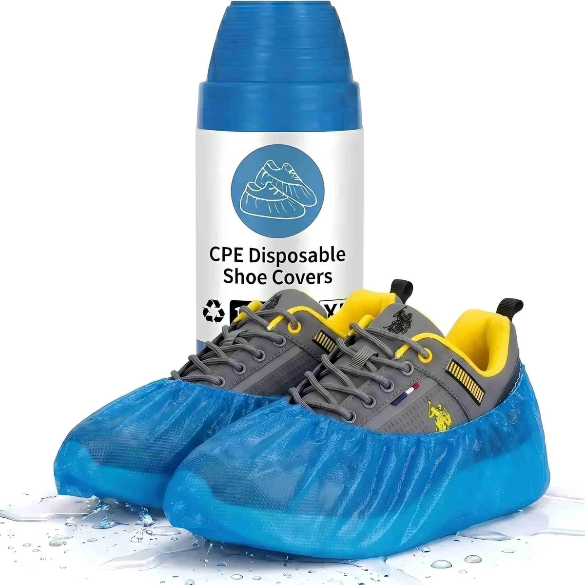 Compact roll of blue disposable shoe covers, 100 pieces, XL size 17 by 45 cm
