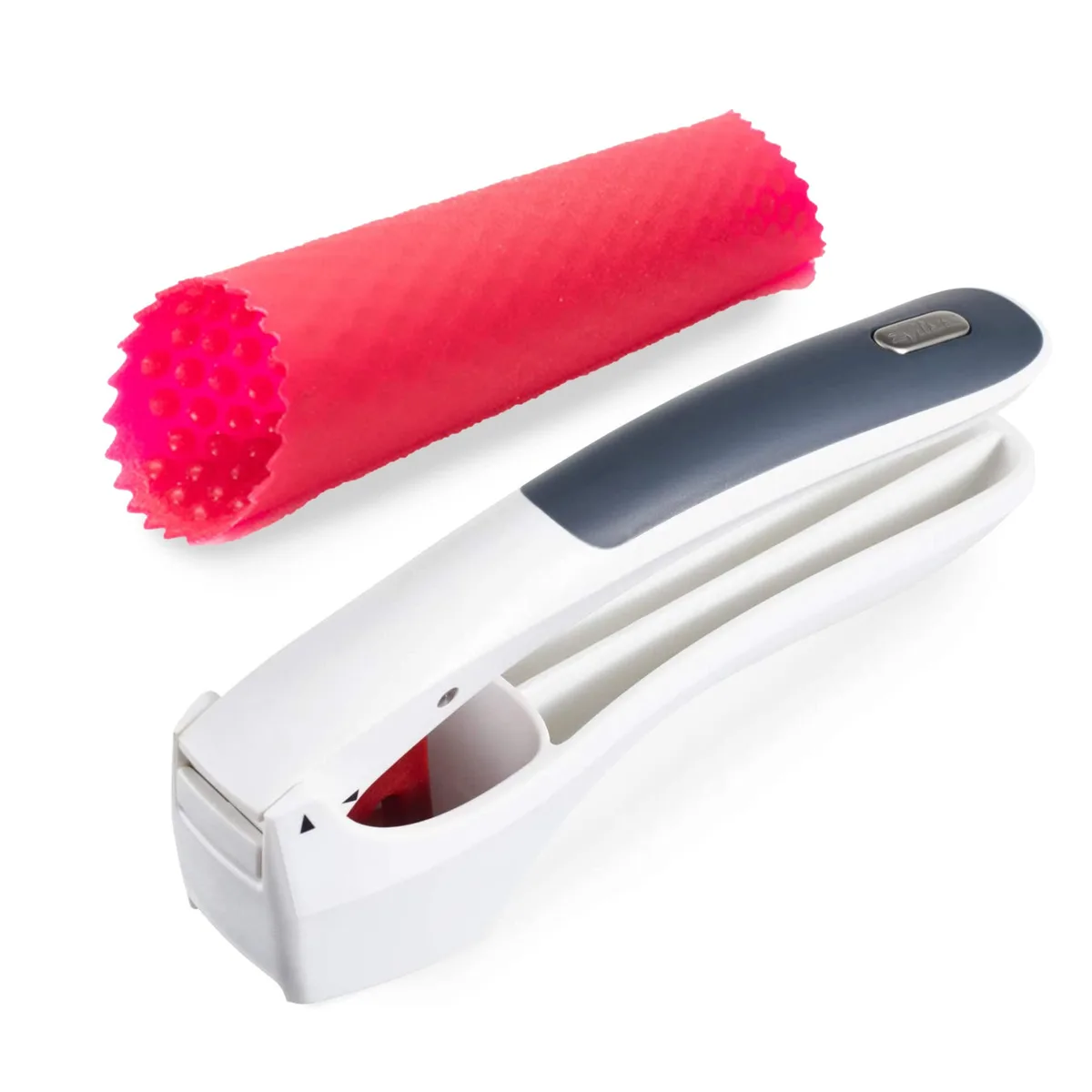 Silver silicone garlic peeler tube and metal garlic press set