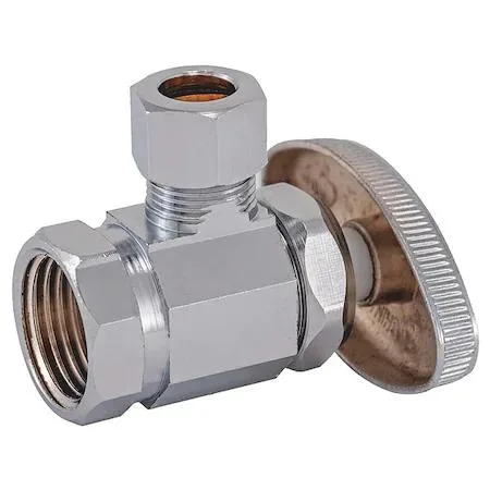 Chrome-plated brass supply stop with multi-turn handle, 1/2 inch IPS and 3/8 inch compression connections