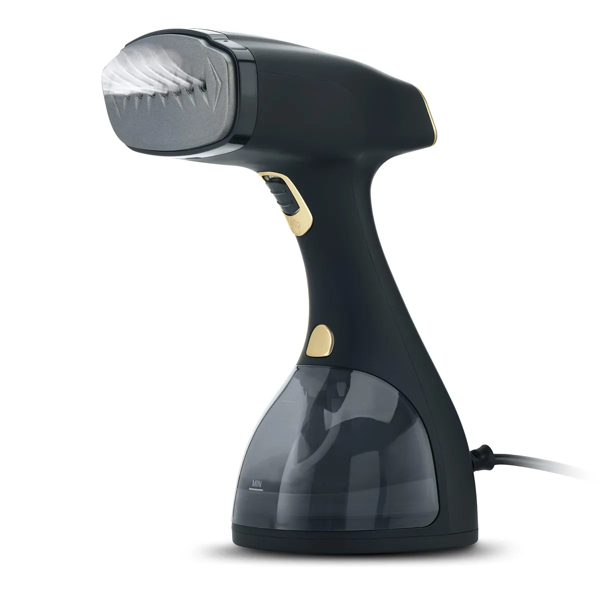 Black handheld garment steamer with matte finish, fabric brush and lint remover attached, long power cord visible