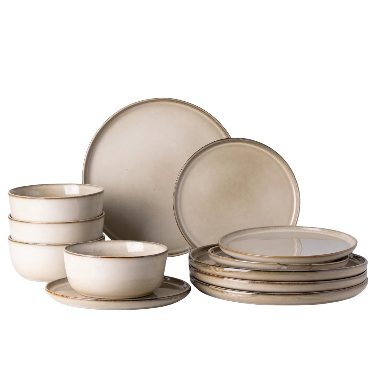 12-piece ceramic dinnerware set, square plates and bowls, cappuccino reactive glaze finish