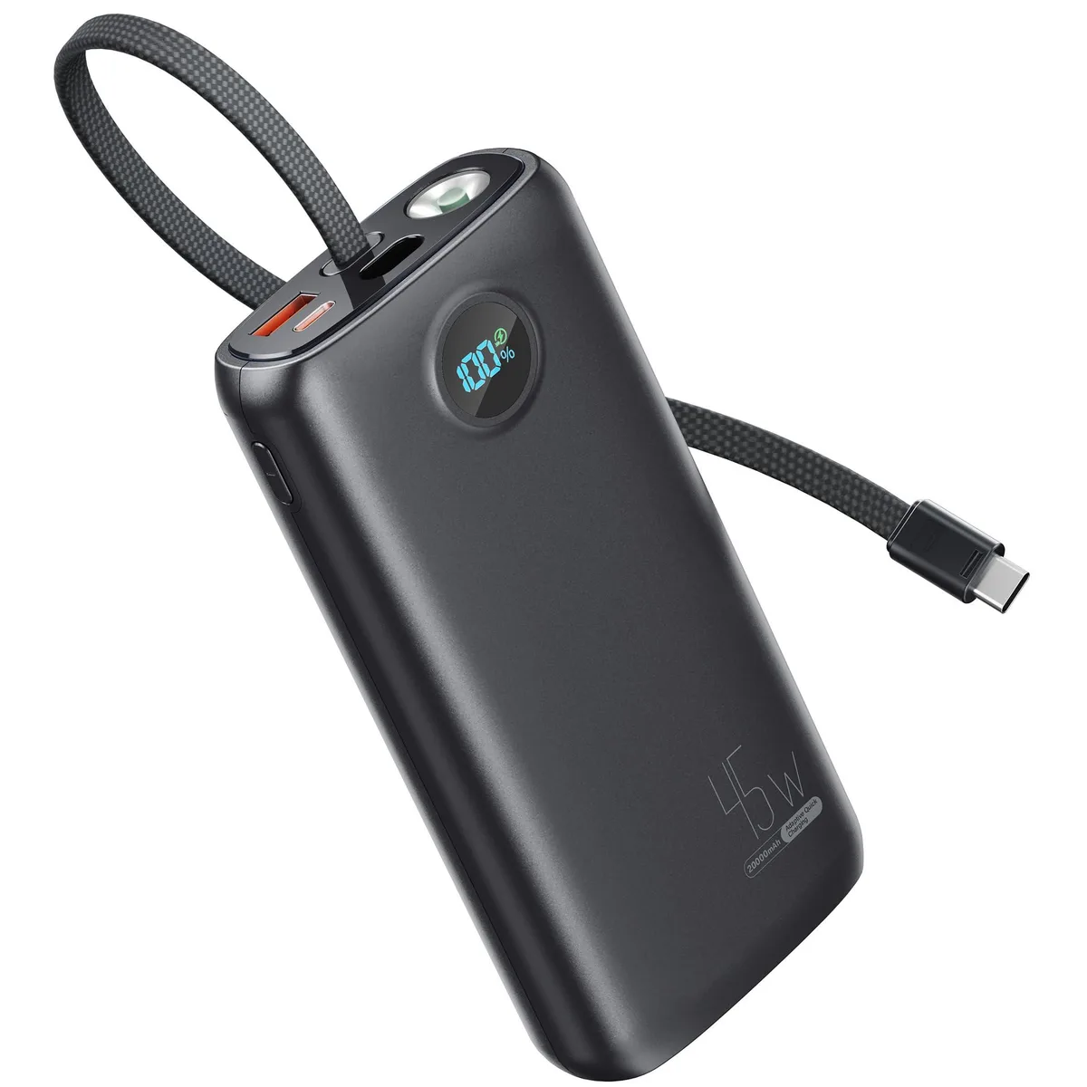 DIAMUAR P056 power bank 20000mAh 45W built-in USB-C cable 3W flashlight — product photo