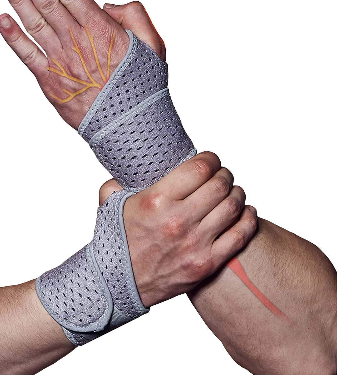 Two gray adjustable wrist compression wraps with hook-and-loop closure and perforated neoprene fabric