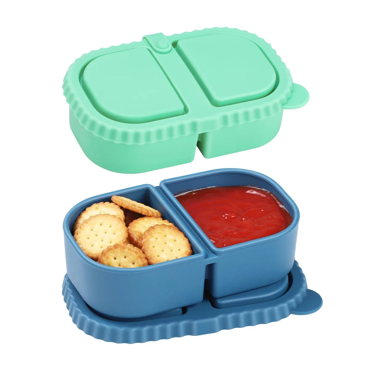 Two red double-compartment silicone snack containers with lids