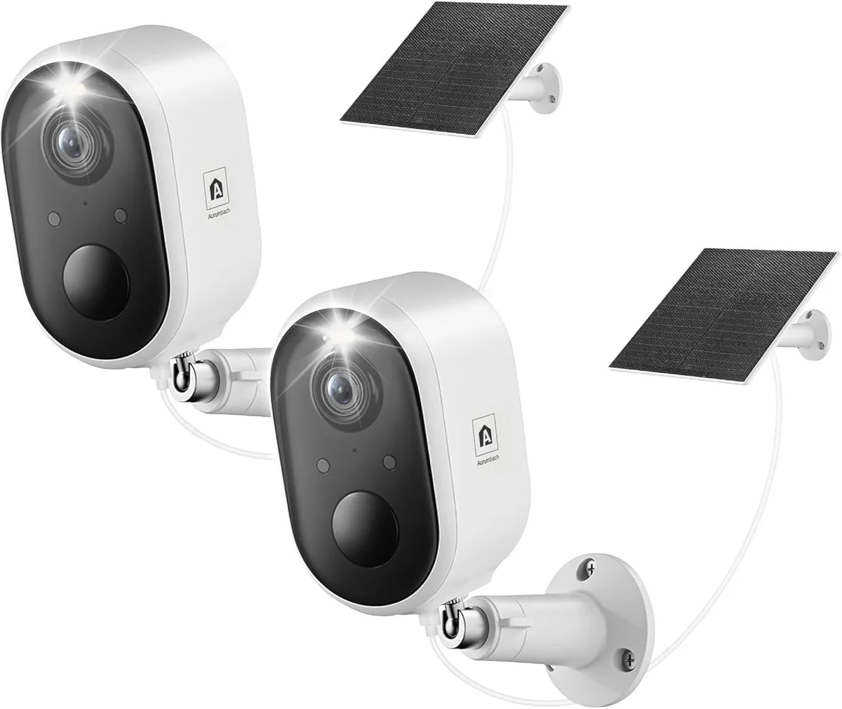 Two white wireless outdoor cameras with solar panels mounted above each unit