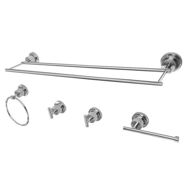 Five-piece chrome bathroom accessory set with towel bar, ring, hooks and paper holder