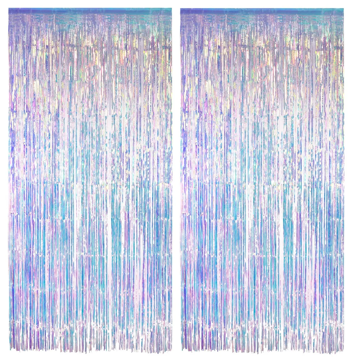 Two black-framed holographic foil fringe curtains, 40 by 60 inches each