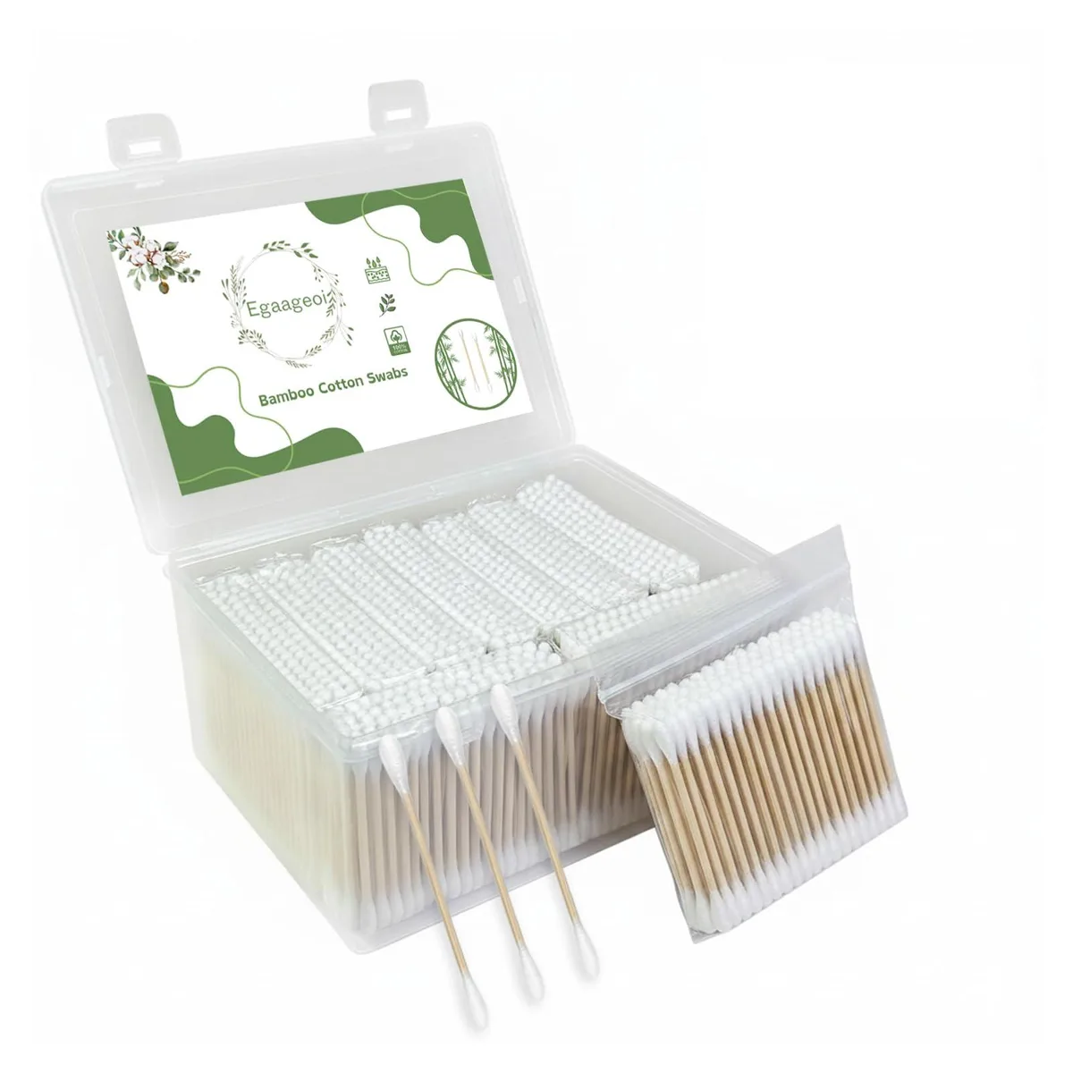 White cardboard box holding 1000 bamboo cotton swabs with double round tips