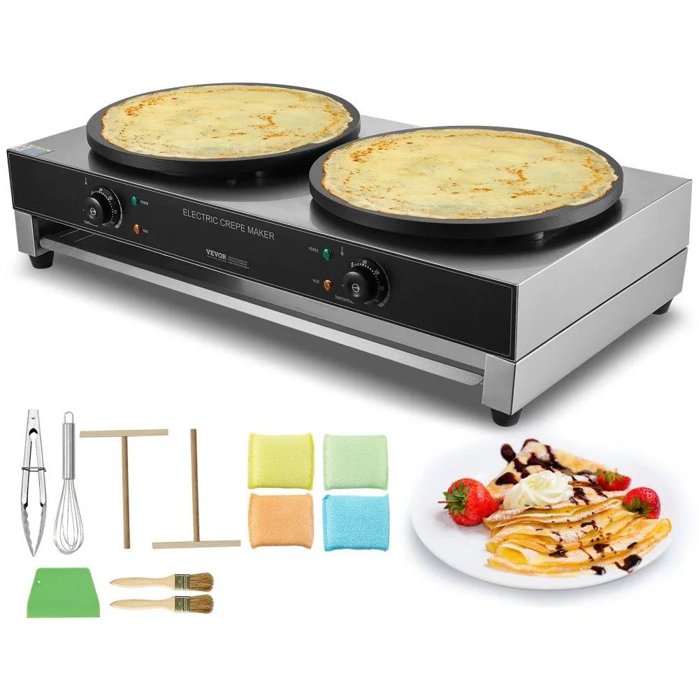 Silver stainless-steel double-head crepe maker with two 16-inch non-stick plates and dual control knobs