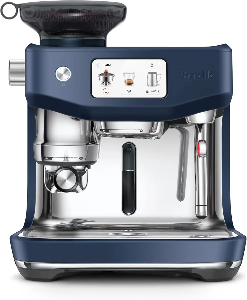 Damson Blue espresso machine with integrated grinder, 14.5 by 15 by 16.7 inches