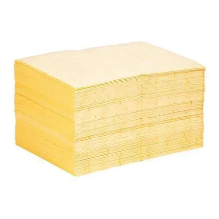 Stack of yellow rectangular polypropylene sorbent pads 15 by 20 inches perforated 10 by 15 inches 100 pack