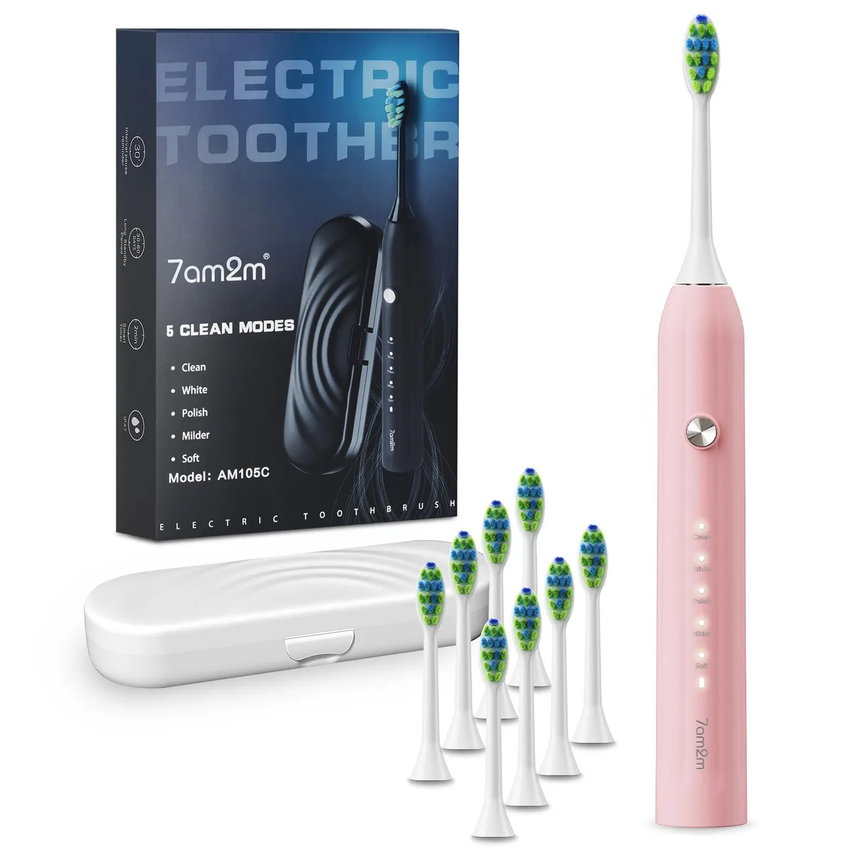 Pink sonic electric toothbrush with travel case and multiple brush heads