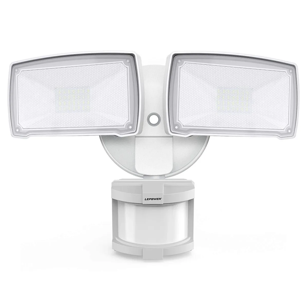 White rectangular LED floodlight with two adjustable heads and a central motion sensor, aluminium finish, wall-mount design