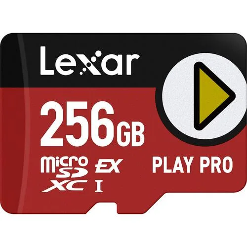 Small rectangular microSD card in black with gold contacts and Lexar PLAY PRO branding