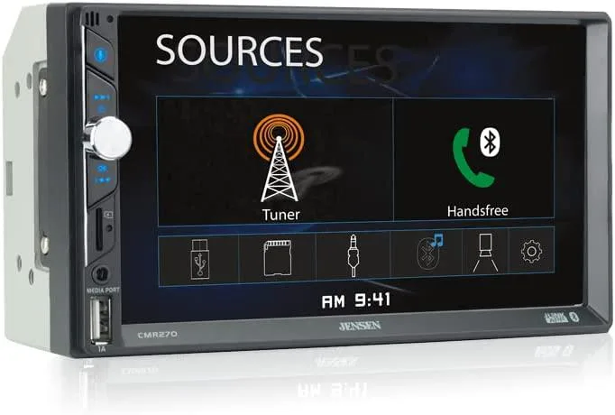Jensen CMR270 double DIN car stereo with 7-inch touchscreen display