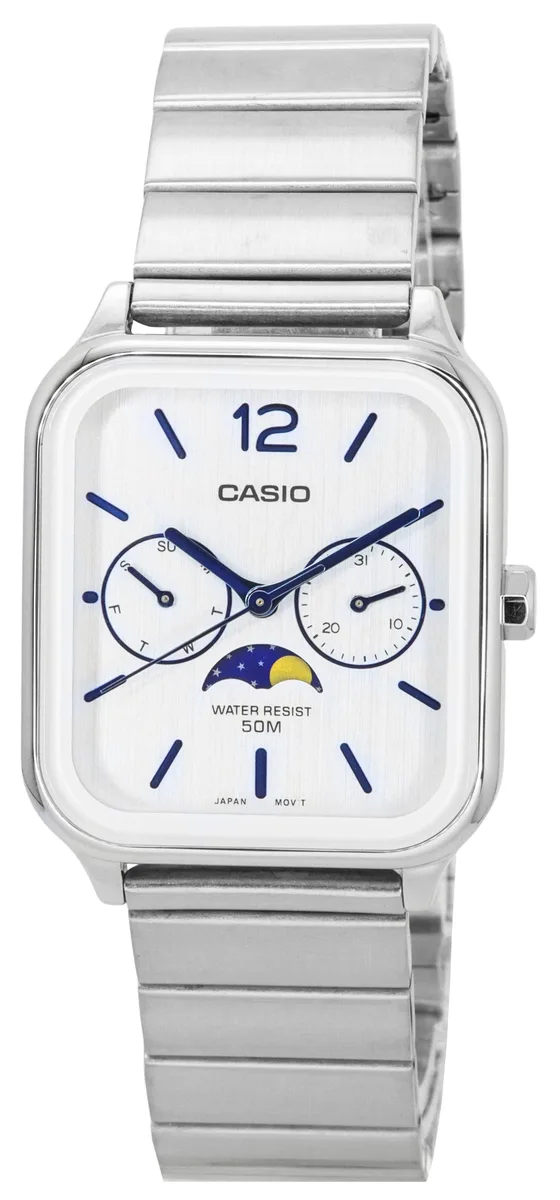 Square stainless steel watch with silver dial and moon phase sub-dial