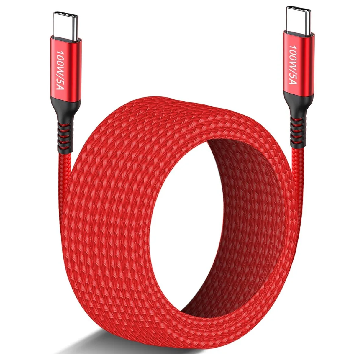 Red braided USB-C to USB-C cable, 20 feet long, aluminium connectors