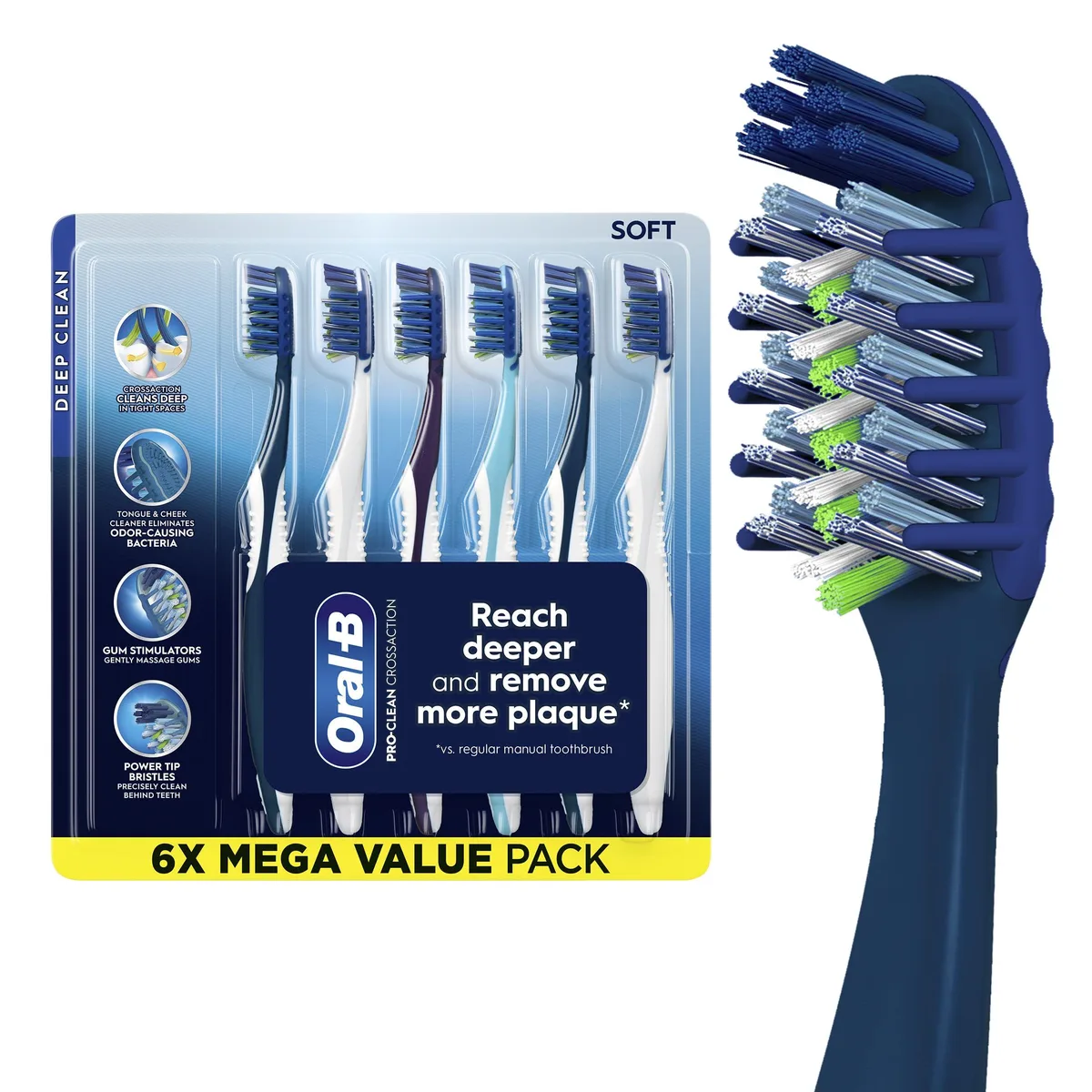 Six white manual toothbrushes with crisscross bristles and tongue scraper on back