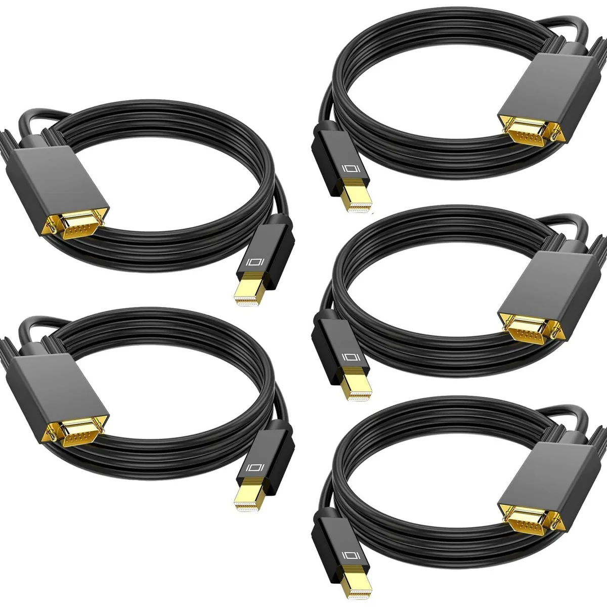 Five black Mini DisplayPort to VGA cables coiled together