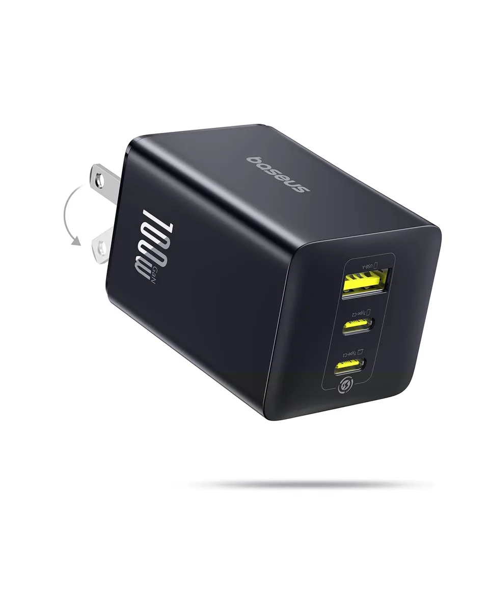 Compact white foldable-plug wall charger with two USB-C and one USB-A port