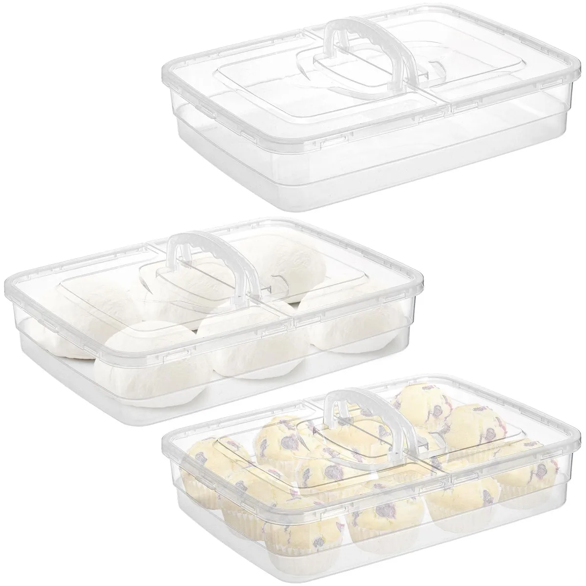 Three translucent red rectangular dough boxes with lids and side handles, stacked together