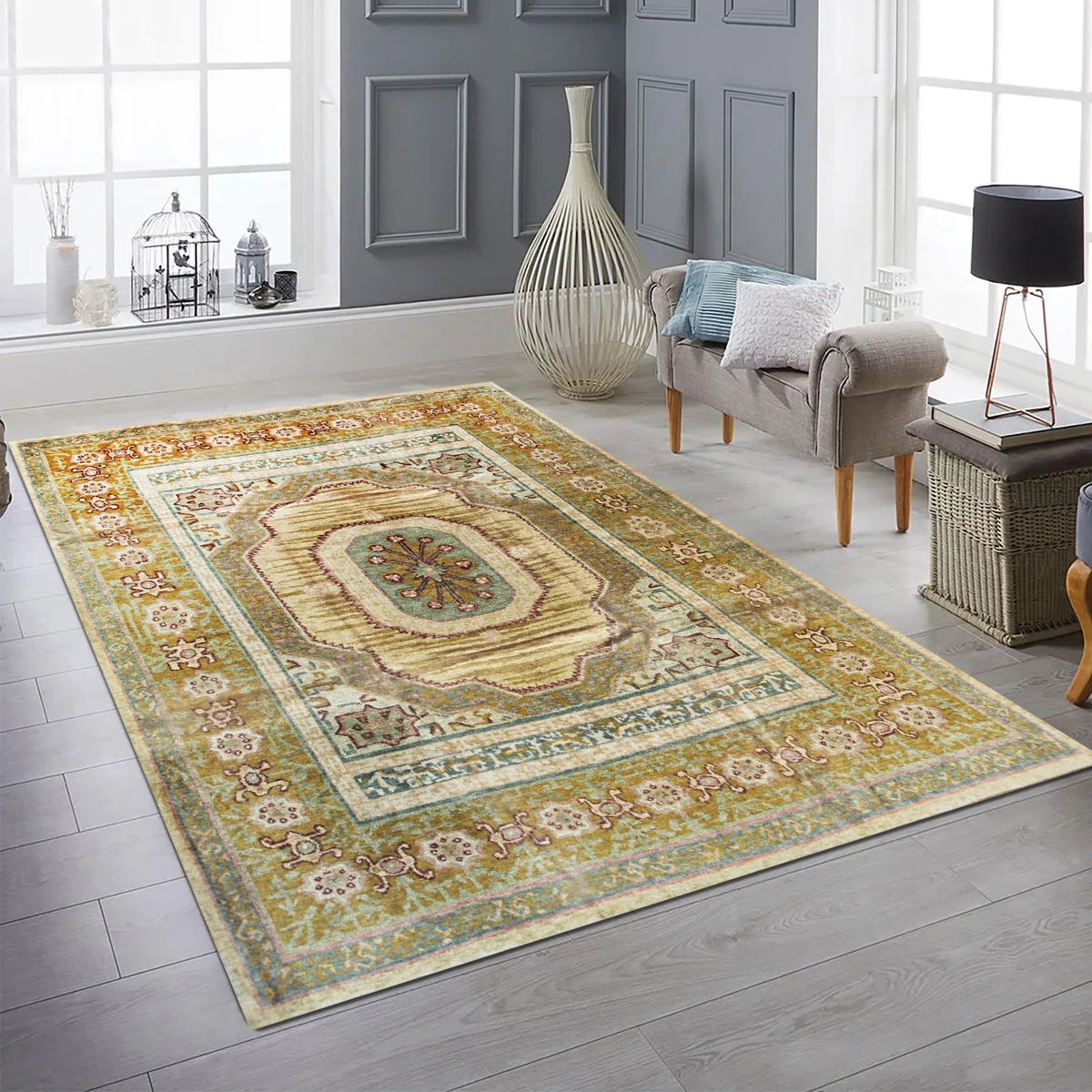 Hand-knotted green Oushak rug with all-over floral pattern in lustrous mohair wool